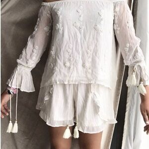 Anthropologie Chloe Oliver Beaded Tassel Top Blouse with Gold Accents Boho Small